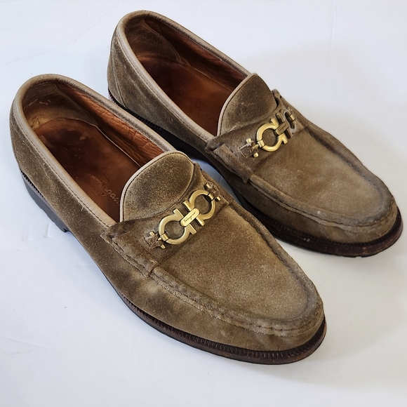 Salvatore Ferragamo Men's Brown Suede Loafers with Gold‎ Accent